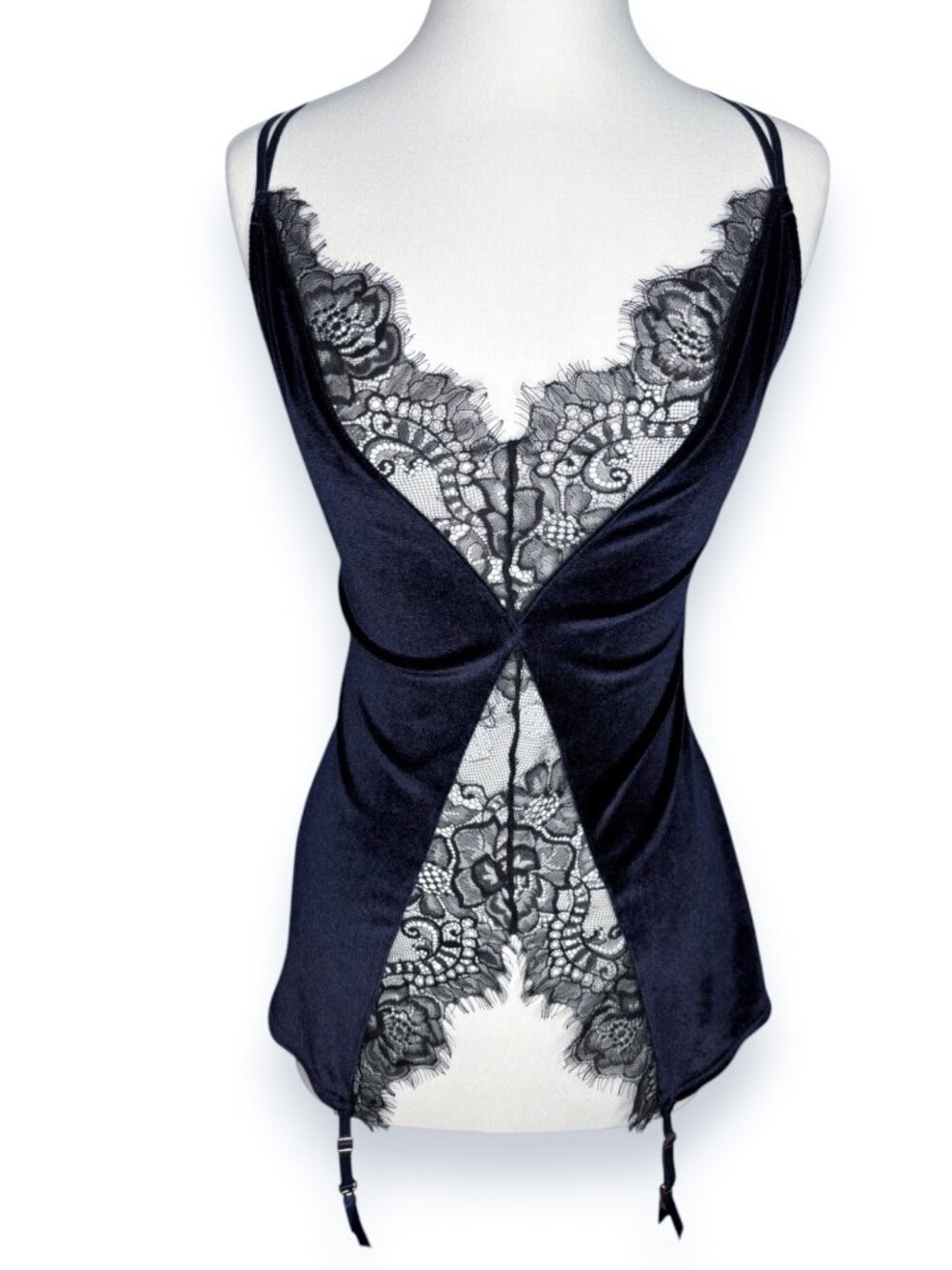 Dreamgirl Dark Blue Velvet Black Eyelash Lace With Garters Lingerie Size Medium